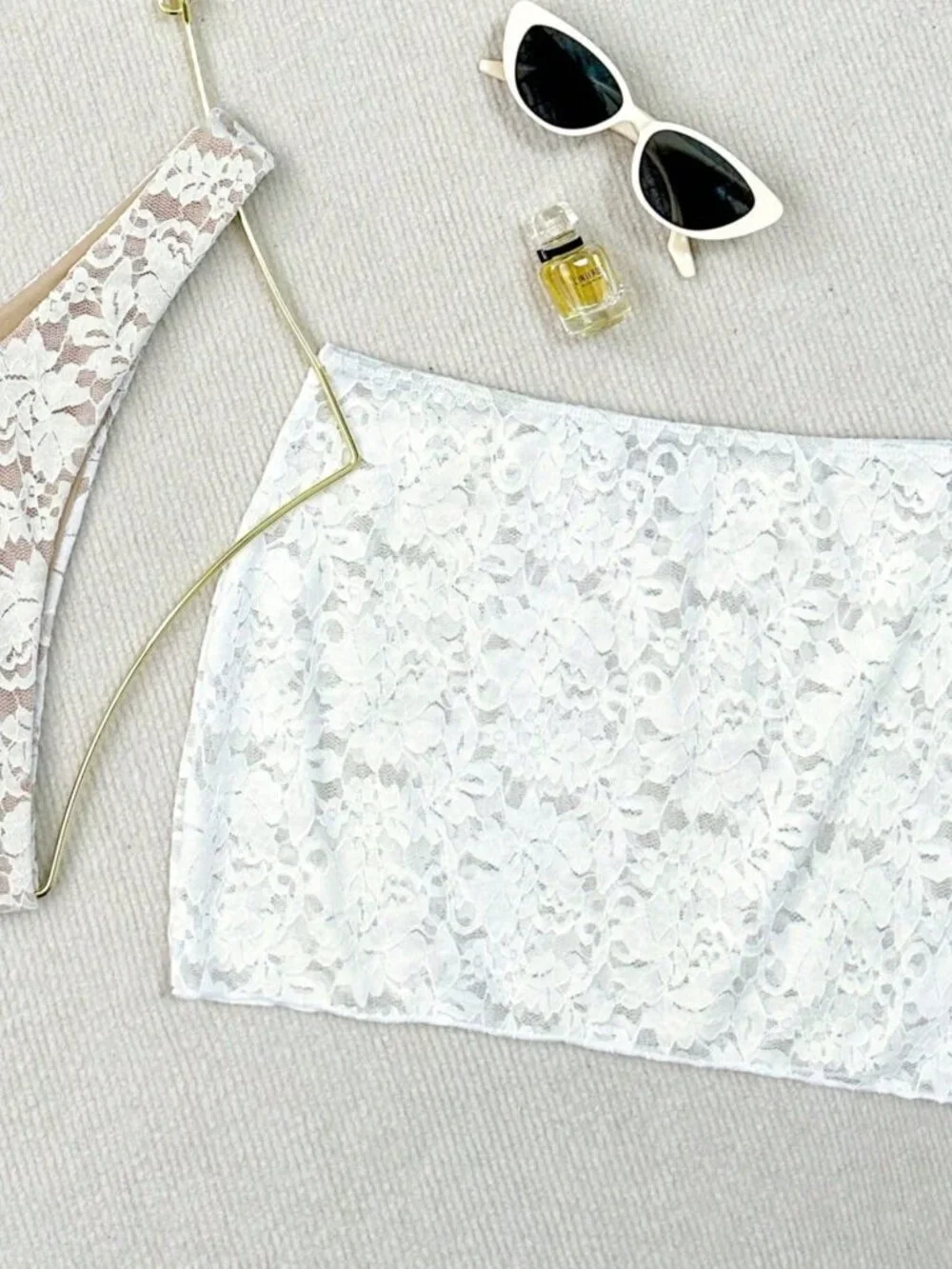 White lace 3exy Womens 3-Piece bikini Beach Set Panty Mesh Sarong Skirt